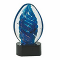 6.5" Blue Oval Swirl Art Glass on Black Base (Screened)
